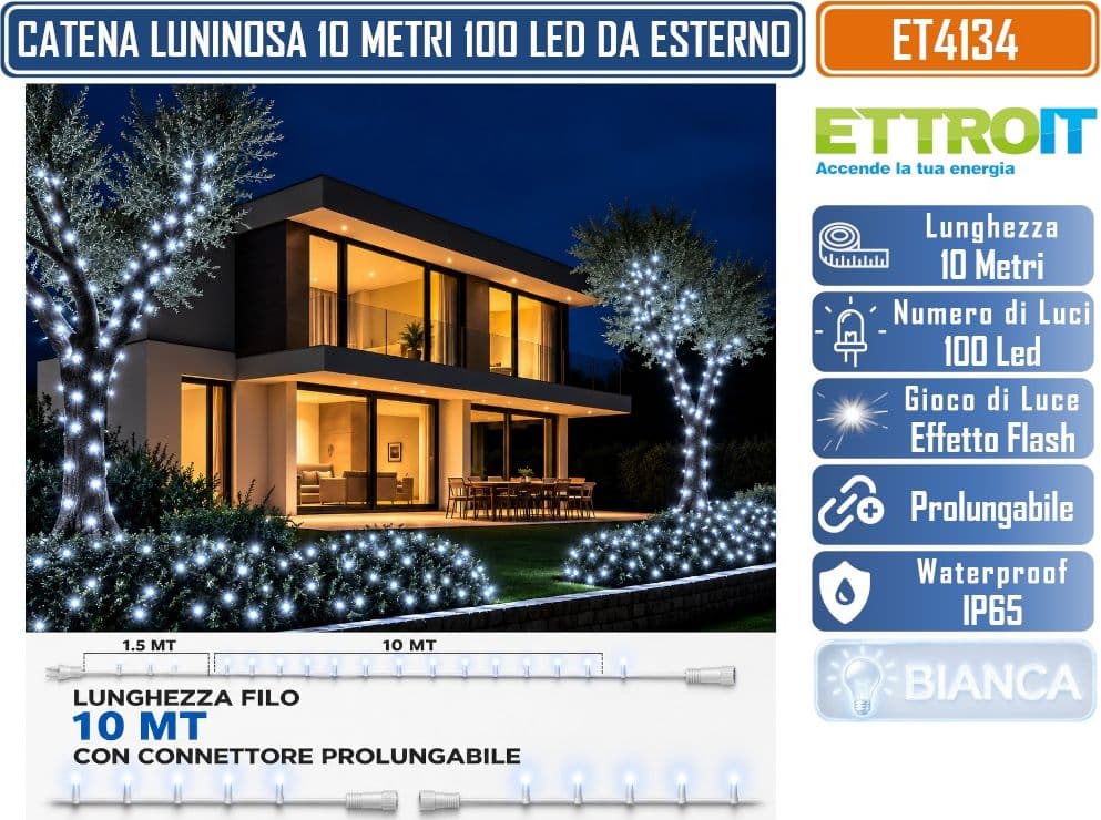 CATENA LUMINOSA NATALIZIA ETTROIT ET4134 100 LED 10 METRI LUCE BIANCA FREDDA 6500°K CON EFFETTO FLASH TOTALE CAVO BIANCO PROLUNGABILE IP65 PER INTERNO ED ESTERNO - 4
