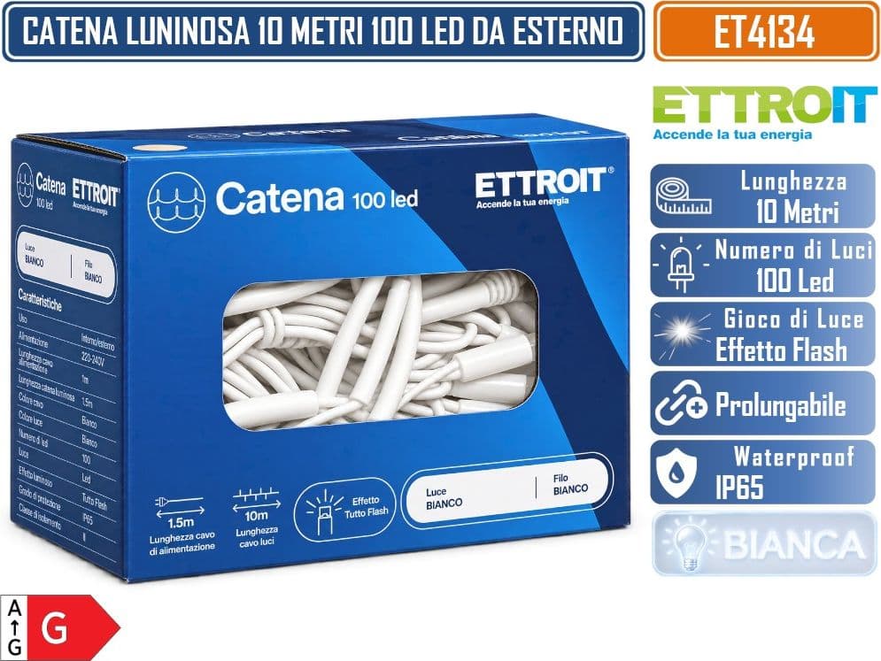 CATENA LUMINOSA NATALIZIA ETTROIT ET4134 100 LED 10 METRI LUCE BIANCA FREDDA 6500°K CON EFFETTO FLASH TOTALE CAVO BIANCO PROLUNGABILE IP65 PER INTERNO ED ESTERNO - 5