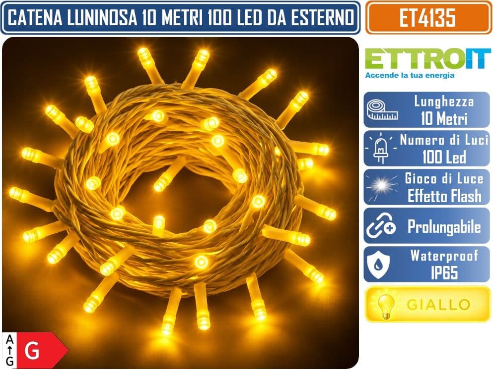 CATENA LUMINOSA NATALIZIA ETTROIT ET4135 100 LED 10 METRI LUCE GIALLA 2700°K CON EFFETTO FLASH TOTALE CAVO BIANCO PROLUNGABILE IP65 PER INTERNO ED ESTERNO - 2