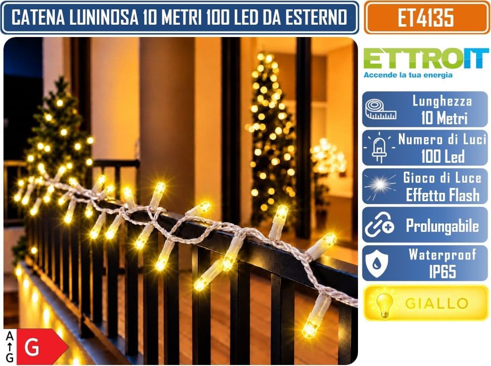 CATENA LUMINOSA NATALIZIA ETTROIT ET4135 100 LED 10 METRI LUCE GIALLA 2700°K CON EFFETTO FLASH TOTALE CAVO BIANCO PROLUNGABILE IP65 PER INTERNO ED ESTERNO - 3