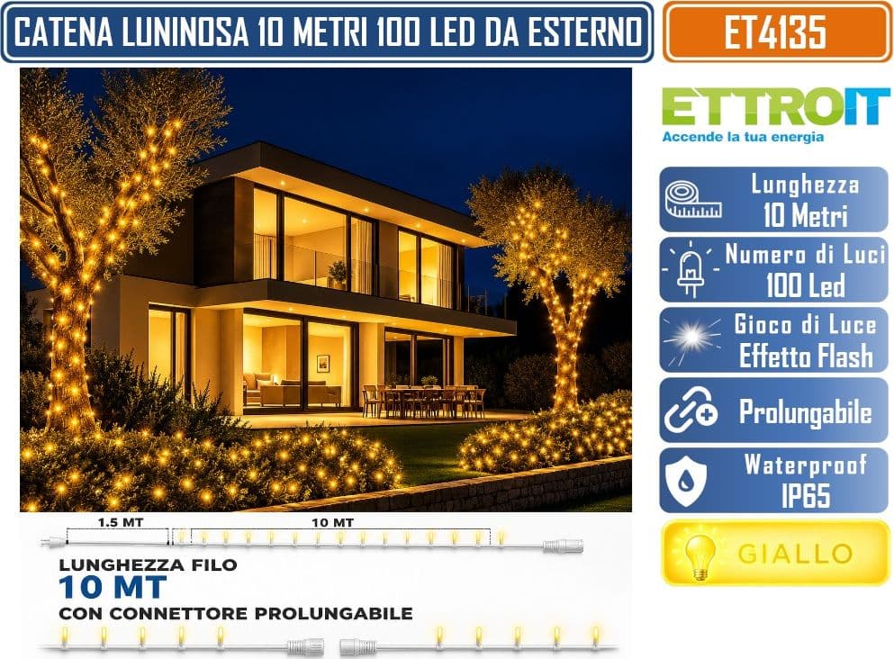 CATENA LUMINOSA NATALIZIA ETTROIT ET4135 100 LED 10 METRI LUCE GIALLA 2700°K CON EFFETTO FLASH TOTALE CAVO BIANCO PROLUNGABILE IP65 PER INTERNO ED ESTERNO - 4