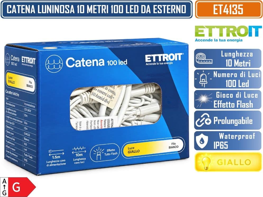 CATENA LUMINOSA NATALIZIA ETTROIT ET4135 100 LED 10 METRI LUCE GIALLA 2700°K CON EFFETTO FLASH TOTALE CAVO BIANCO PROLUNGABILE IP65 PER INTERNO ED ESTERNO - 5