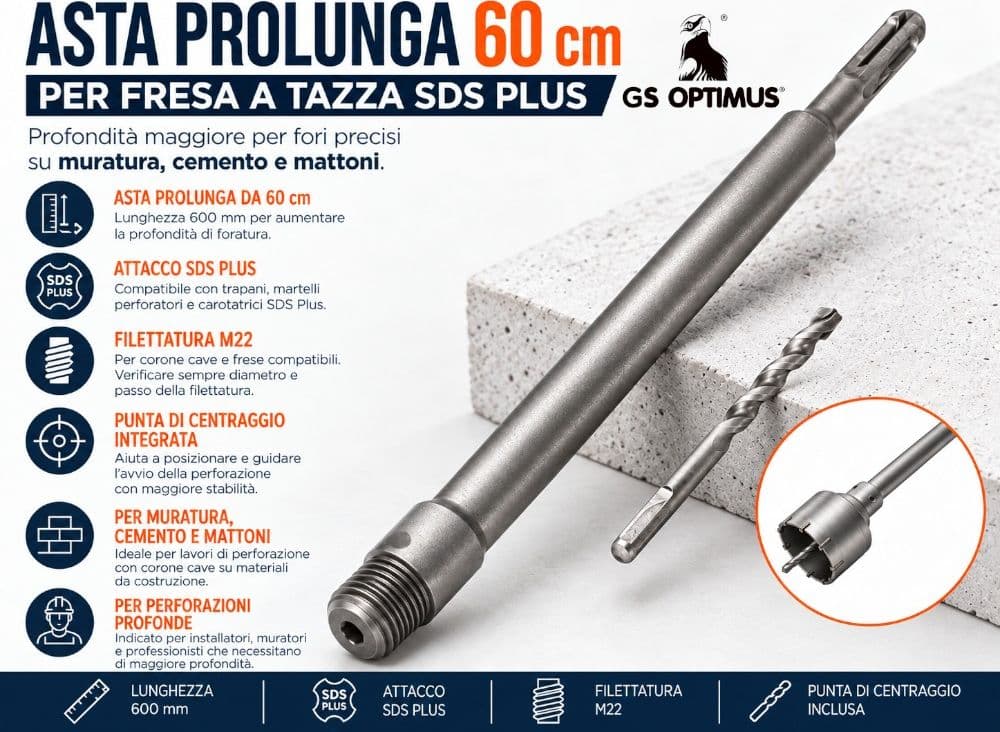 GS OPTIMUS GS82459 ASTA PROLUNGA PER FRESA A TAZZA 600 MM ATTACCO SDS PLUS FILETTATURA M22 CON PUNTA DI CENTRAGGIO - 5