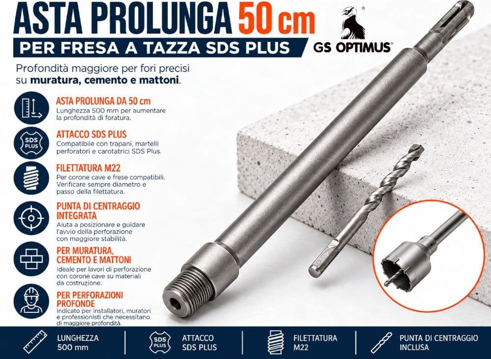 GS OPTIMUS GS82442 ASTA PROLUNGA PER FRESA A TAZZA 500 MM ATTACCO SDS PLUS FILETTATURA M22 CON PUNTA DI CENTRAGGIO - 5