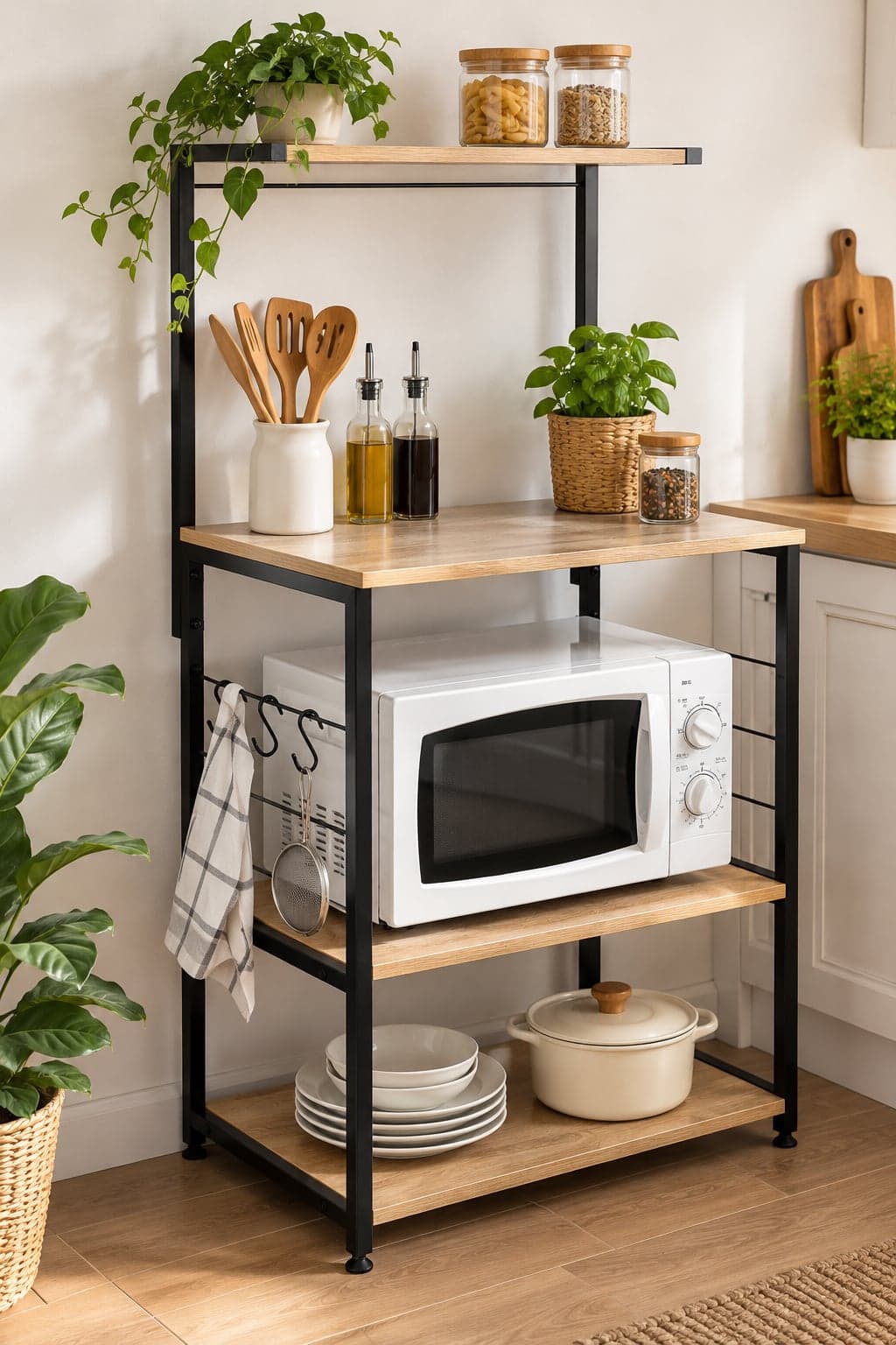 Banco Cucina Hamilton con 3 Ripiani e Mensola, Legno Naturale e Metallo Nero, Stile Industriale, 60x40x123 cm - 2