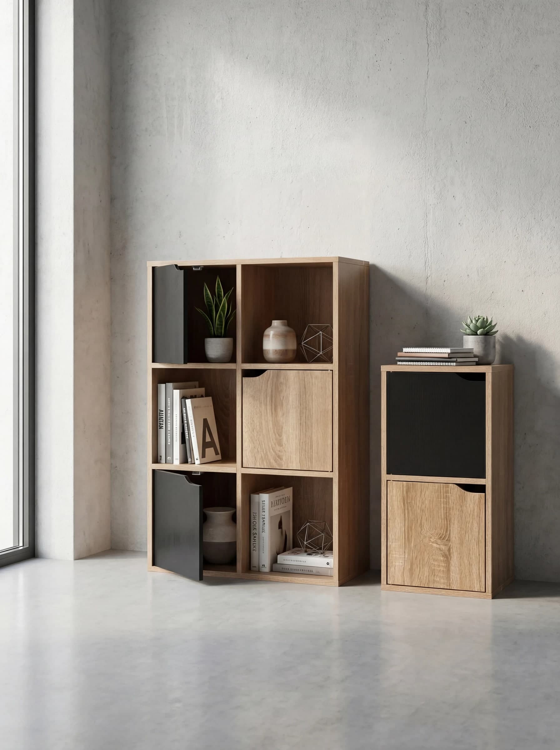 Libreria Miracle con 3 Ante e 3 Vani Aperti, Mobile Contenitore in Finitura Legno Naturale e Nero, Stile Moderno Industriale - 3