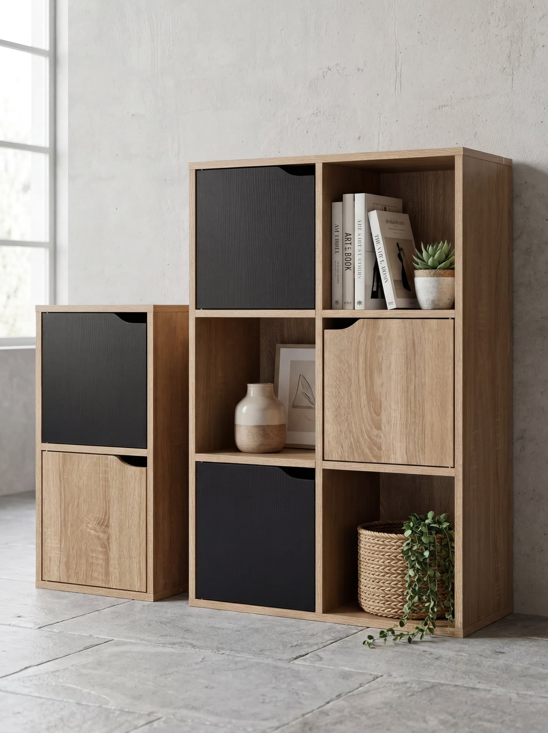 Libreria Miracle con 3 Ante e 3 Vani Aperti, Mobile Contenitore in Finitura Legno Naturale e Nero, Stile Moderno Industriale - 4