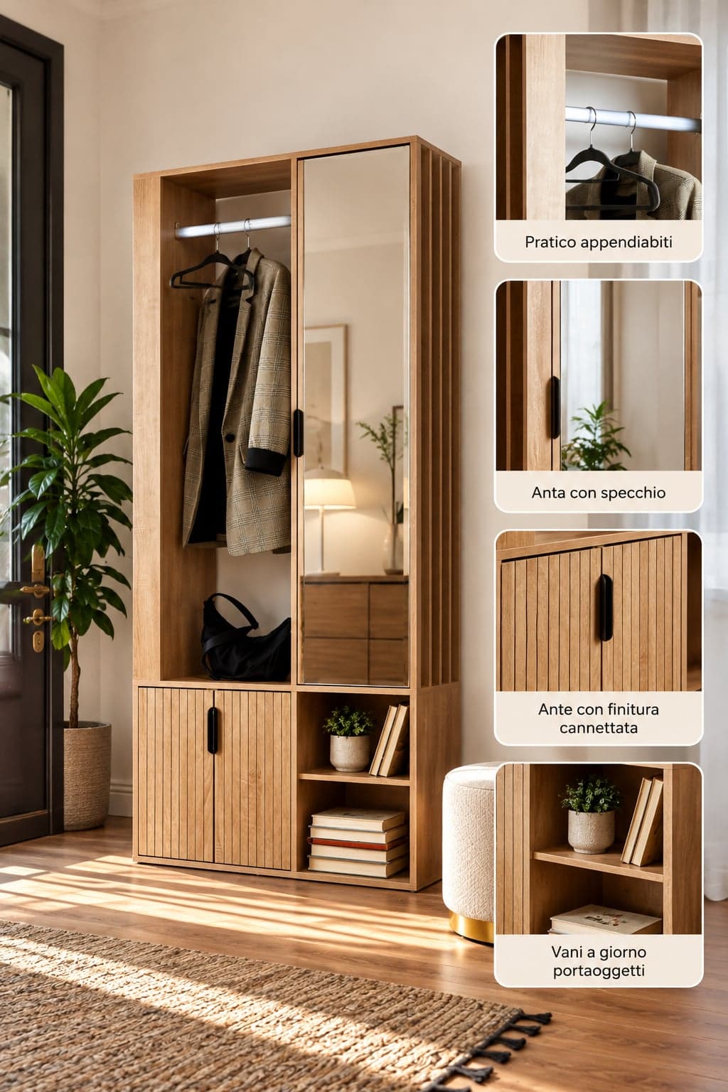 Scarpiera 4 Ante Effetto Legno Rovere Oak Cannettato, Mobile Porta Scarpe Salvaspazio, Design Moderno ed Elegante - 2