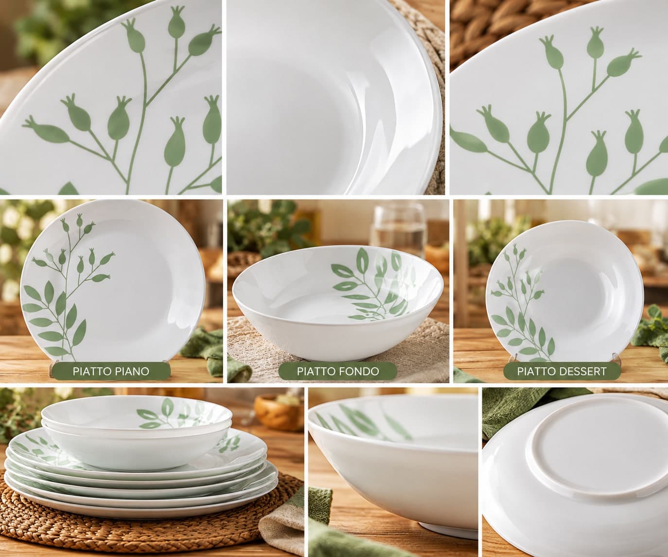 Servizio Piatti Dely Verde 18 Pezzi in Vetro Opale Bianco, Set Tavola per 6 Persone, Design Moderno ed Elegante con Decorazioni Verdi per Cucina e Sala da Pranzo - 3