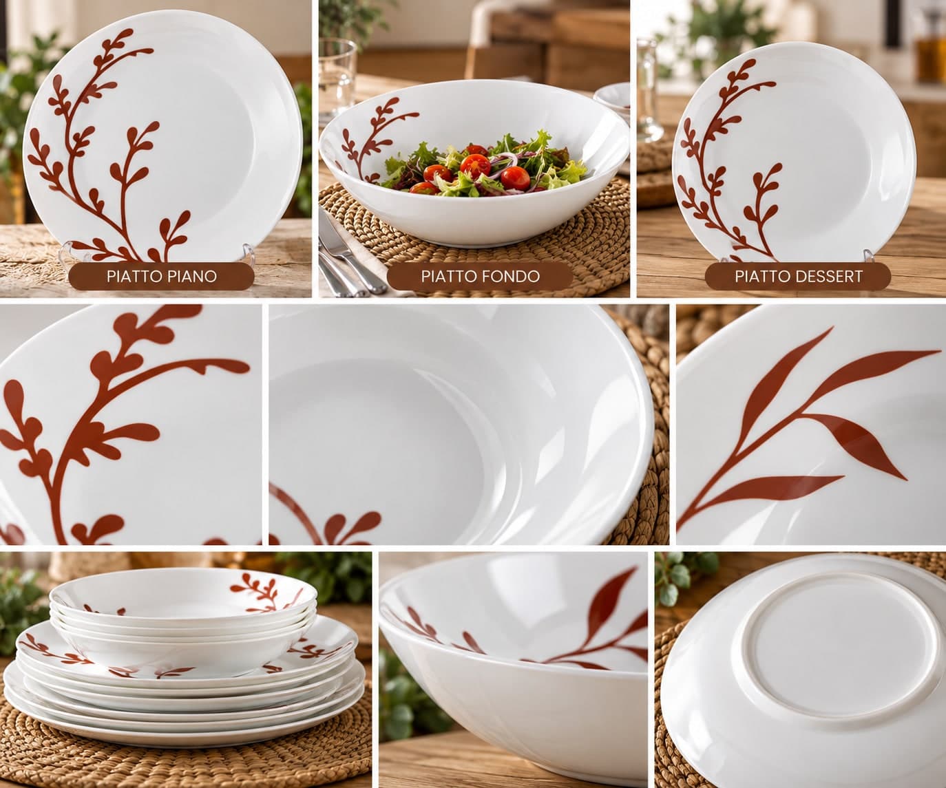 Servizio Piatti Dely Brown 18 Pezzi in Vetro Opale Bianco, Set Tavola per 6 Persone, Decorazioni Marroni, Design Moderno ed Elegante per Cucina e Sala da Pranzo - 3