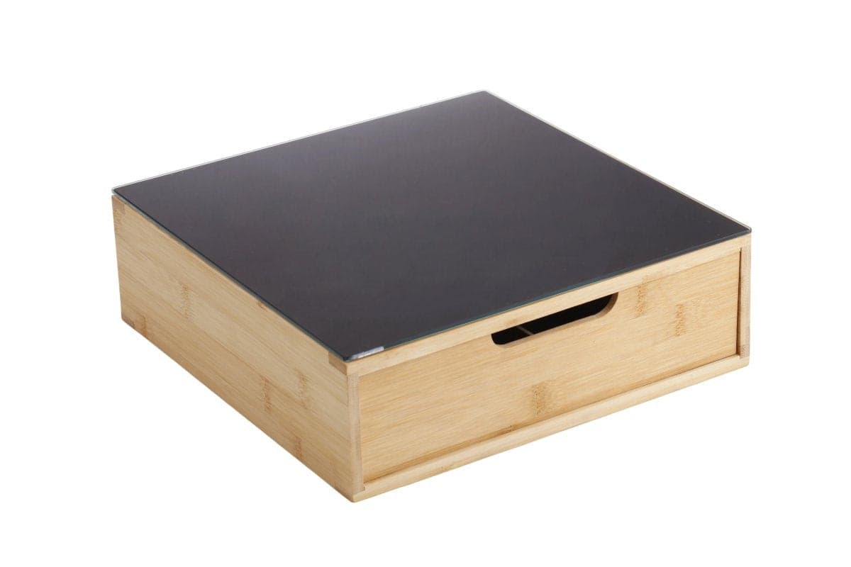 Cassetto Portacialde Caffè in Bamboo e Vetro Nero 30x30x10 cm, Organizer Porta Capsule e Cialde, Contenitore Salvaspazio per Macchina da Caffè, Design Moderno ed Elegante