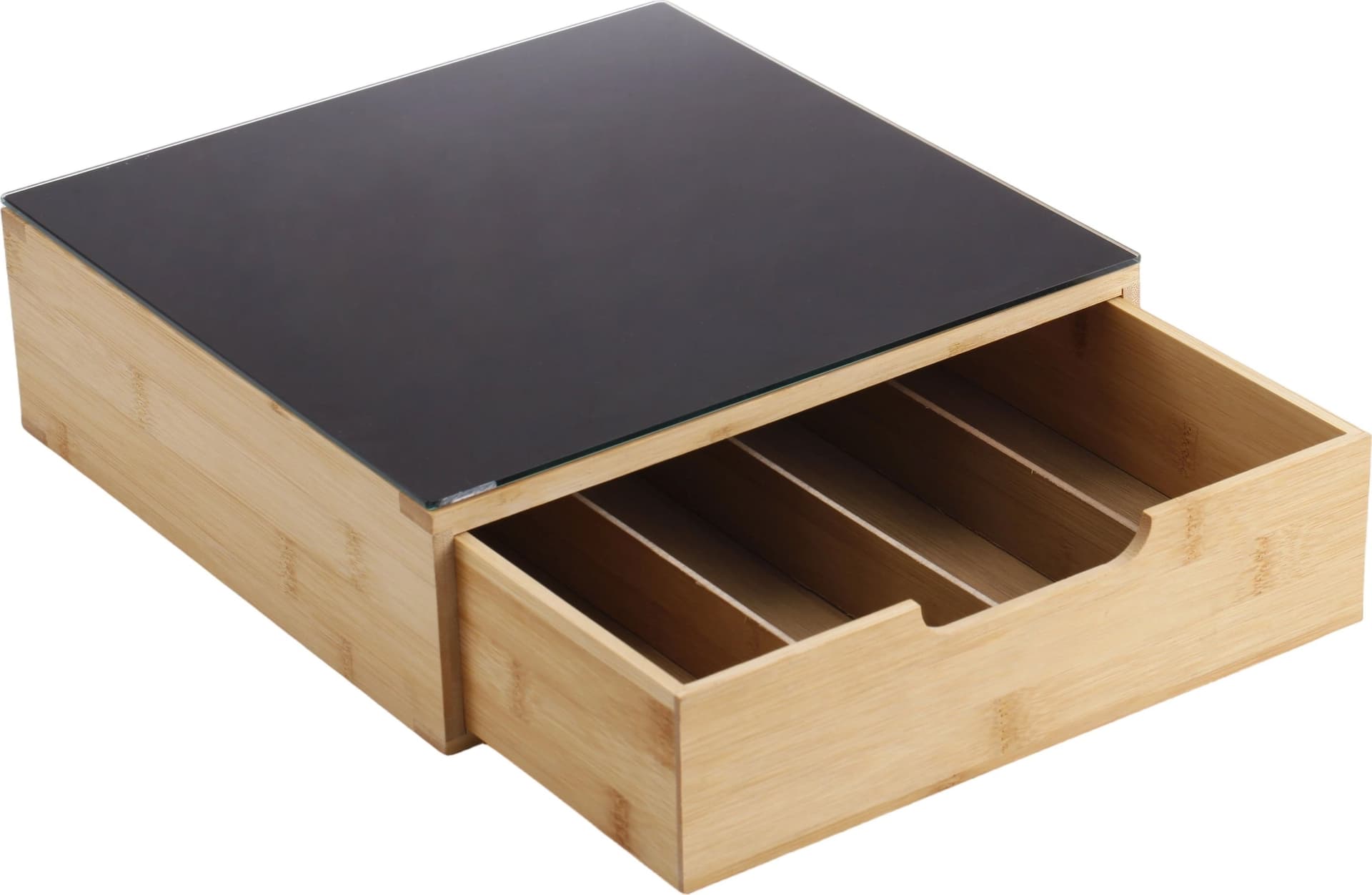 Cassetto Portacialde Caffè in Bamboo e Vetro Nero 30x30x10 cm, Organizer Porta Capsule e Cialde, Contenitore Salvaspazio per Macchina da Caffè, Design Moderno ed Elegante - 2