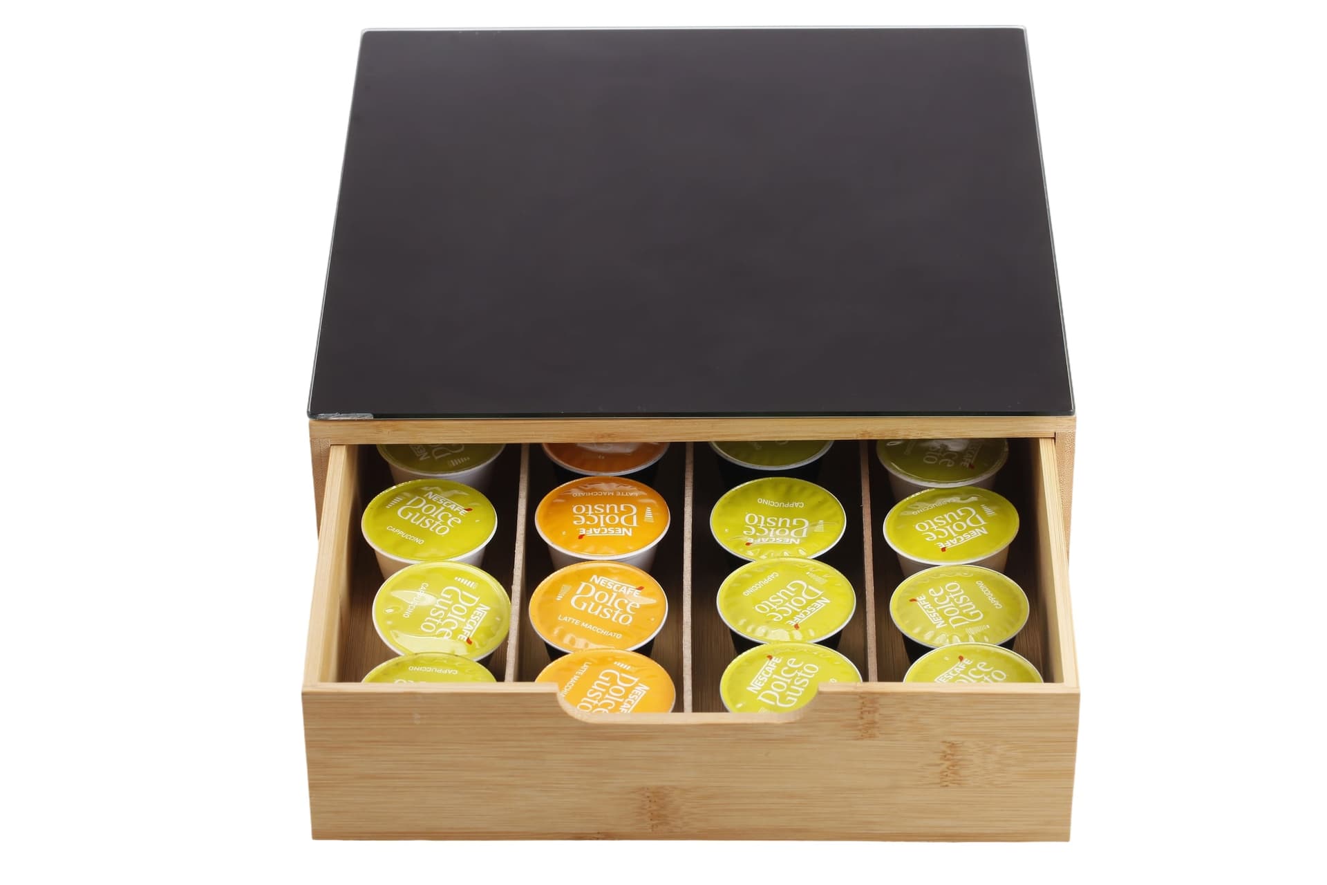 Cassetto Portacialde Caffè in Bamboo e Vetro Nero 30x30x10 cm, Organizer Porta Capsule e Cialde, Contenitore Salvaspazio per Macchina da Caffè, Design Moderno ed Elegante - 3
