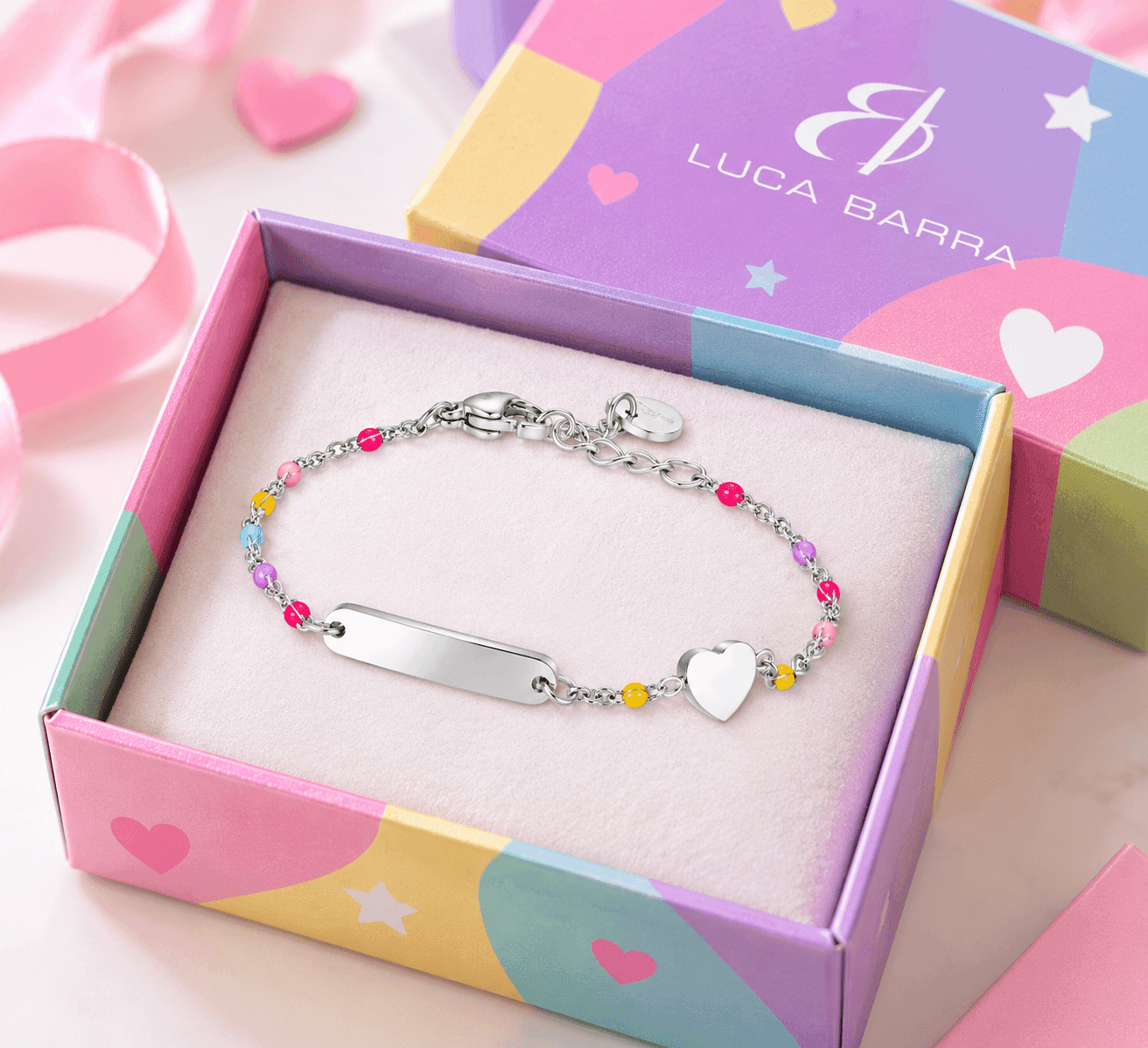LUCA BARRA - BRACCIALE BAMBINA IN ACCIAIO CON PIASTRA, CUORE ED ELEMENTI MULTICOLOR - 3