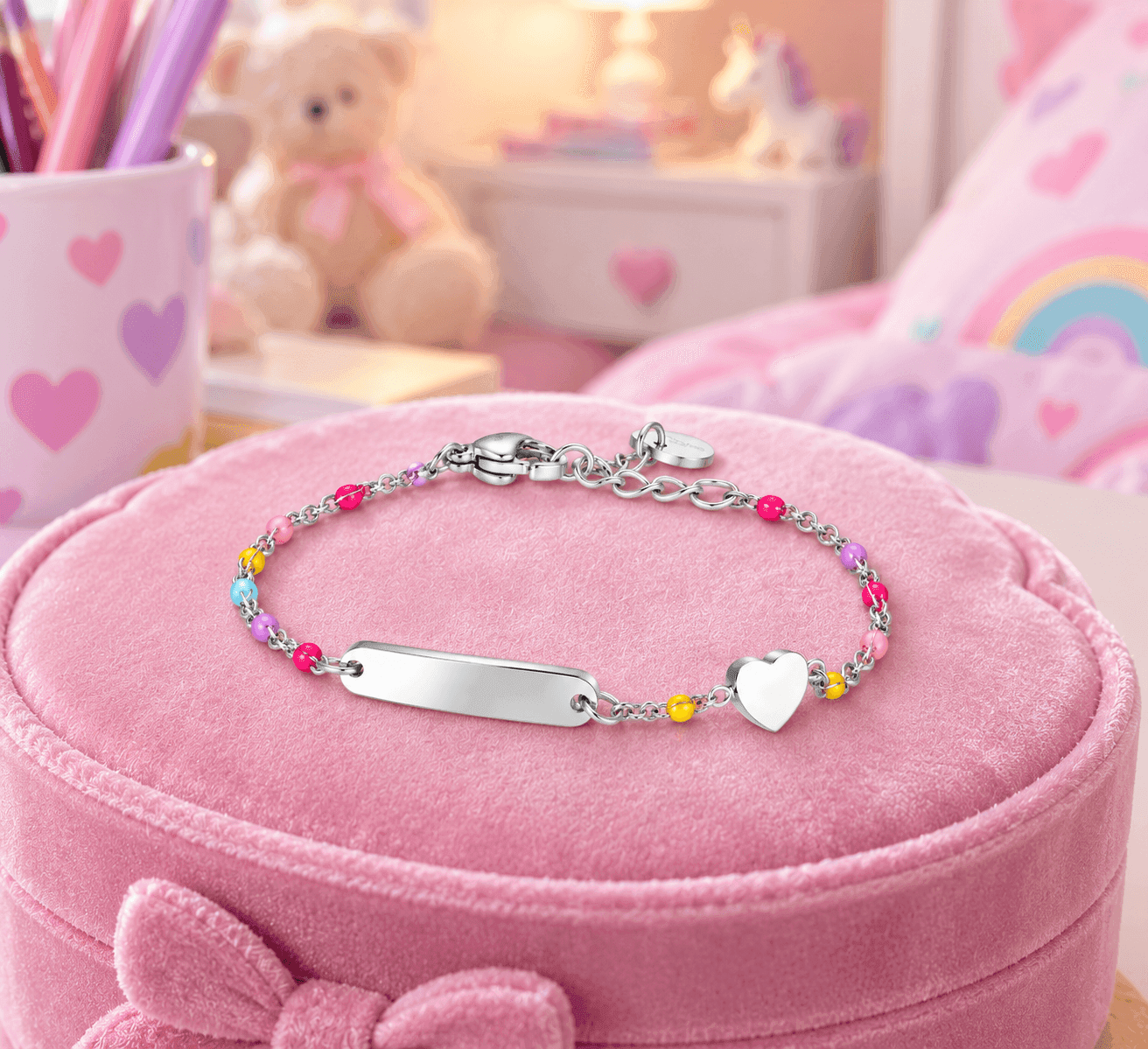 LUCA BARRA - BRACCIALE BAMBINA IN ACCIAIO CON PIASTRA, CUORE ED ELEMENTI MULTICOLOR - 4
