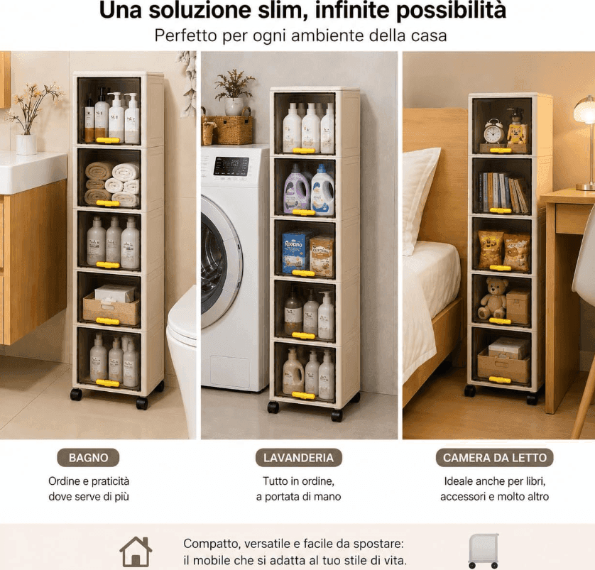 Cartospedia - Mobiletto Bagno Salvaspazio 5 Livelli con Ruote -  (20x30x138,5 cm) per Bagno,Cucina e Lavanderia - 3