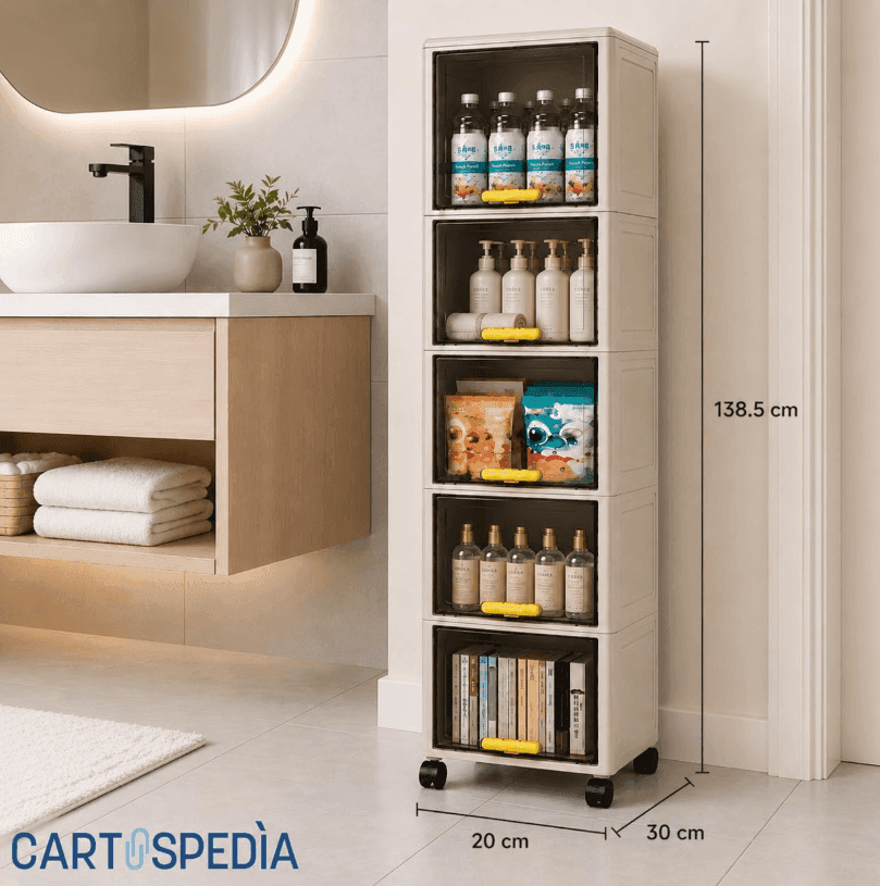 Cartospedia - Mobiletto Bagno Salvaspazio 5 Livelli con Ruote -  (20x30x138,5 cm) per Bagno,Cucina e Lavanderia - 6