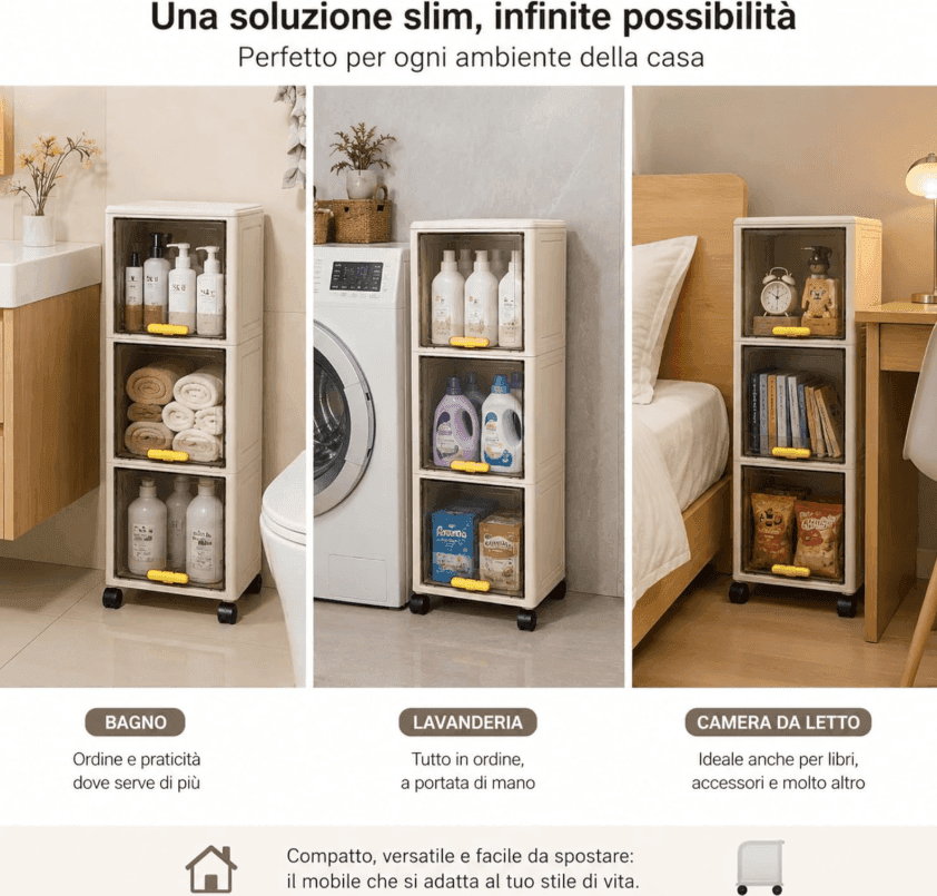 Cartospedia - Mobiletto Bagno Salvaspazio 3 Livelli con Ruote  (20x30x85,5 cm) per Bagno,Cucina e Lavanderia - 2