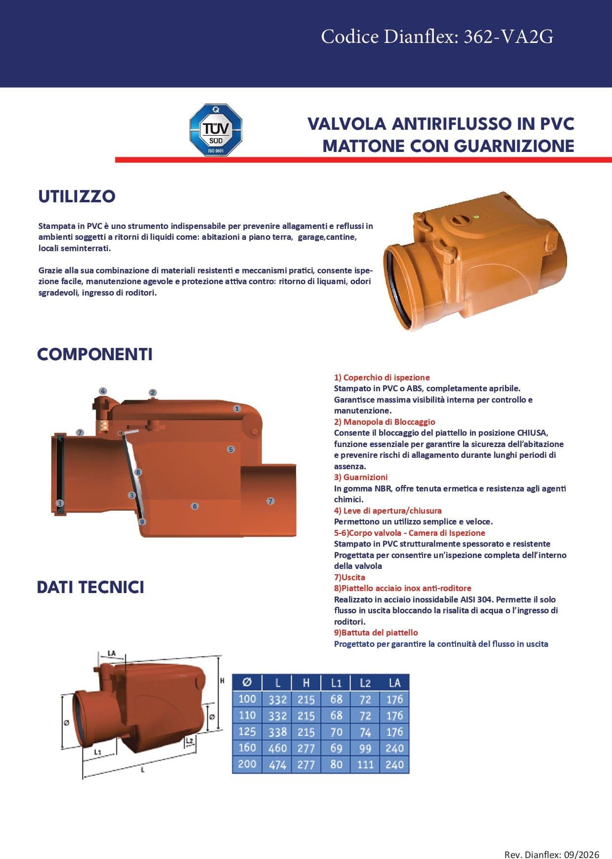 VALVOLA ANTIRIFLUSSO IN PVC CON O-RING- Diam. 100- senza- pezzi 1 - 2