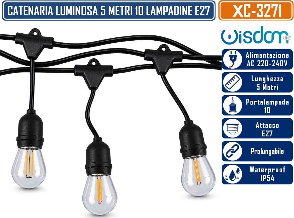 WISDOM XC-3271 CATENARIA LUMINOSA 5MT CON 10 PORTALAMPADE E27 PENDENTI CAVO NERO PROLUNGABILE FINO A 50MT DA ESTERNO IP54 - 2