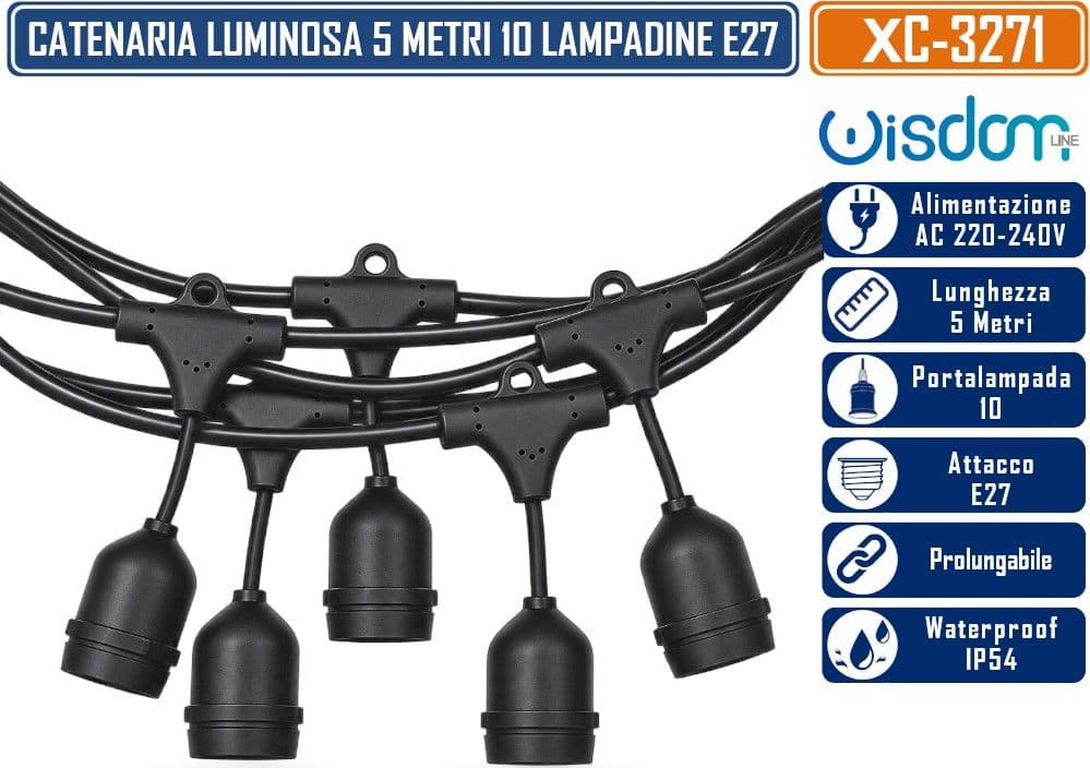WISDOM XC-3271 CATENARIA LUMINOSA 5MT CON 10 PORTALAMPADE E27 PENDENTI CAVO NERO PROLUNGABILE FINO A 50MT DA ESTERNO IP54 - 3