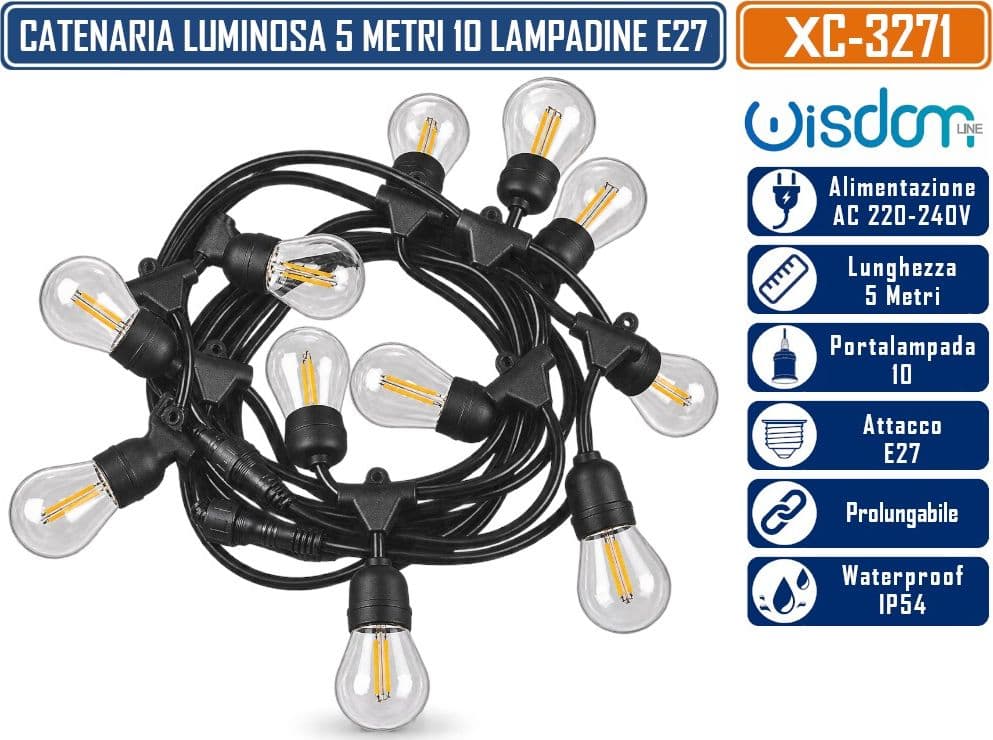 WISDOM XC-3271 CATENARIA LUMINOSA 5MT CON 10 PORTALAMPADE E27 PENDENTI CAVO NERO PROLUNGABILE FINO A 50MT DA ESTERNO IP54 - 4