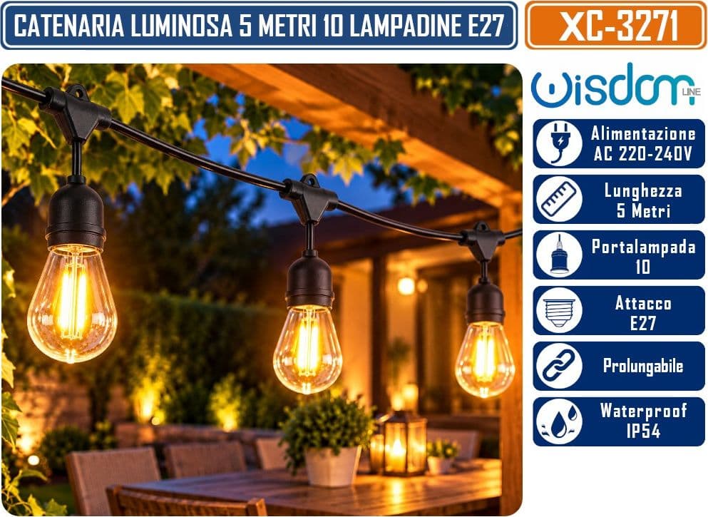 WISDOM XC-3271 CATENARIA LUMINOSA 5MT CON 10 PORTALAMPADE E27 PENDENTI CAVO NERO PROLUNGABILE FINO A 50MT DA ESTERNO IP54 - 5