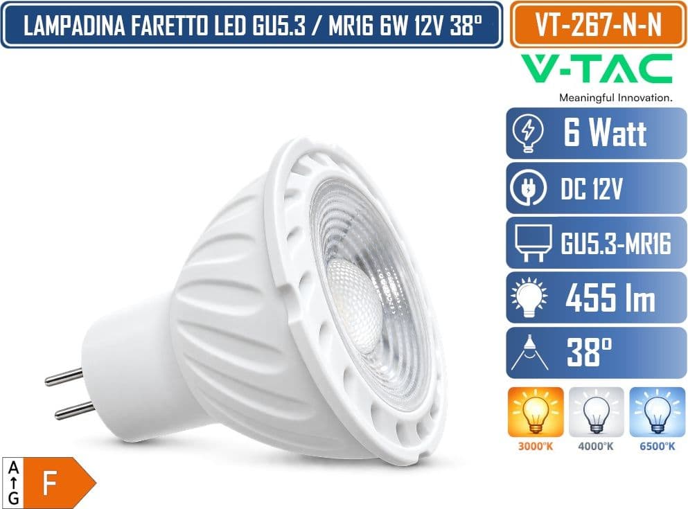 CONFEZIONE 10 PEZZI V-TAC VT-267 FARETTO LED MR16 GU5.3 6W 12V 455LM FASCIO 38° LUCE 3000K 4000K 6500K - 3