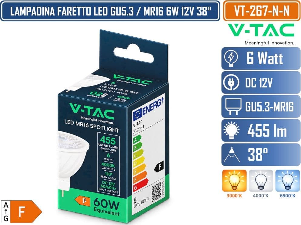 CONFEZIONE 10 PEZZI V-TAC VT-267 FARETTO LED MR16 GU5.3 6W 12V 455LM FASCIO 38° LUCE 3000K 4000K 6500K - 4
