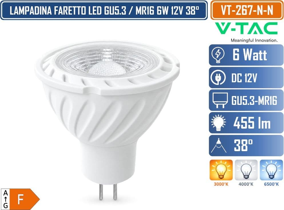 CONFEZIONE 20 PEZZI V-TAC VT-267 FARETTO LED MR16 GU5.3 6W 12V 455LM FASCIO 38° LUCE 3000K 4000K 6500K - 2