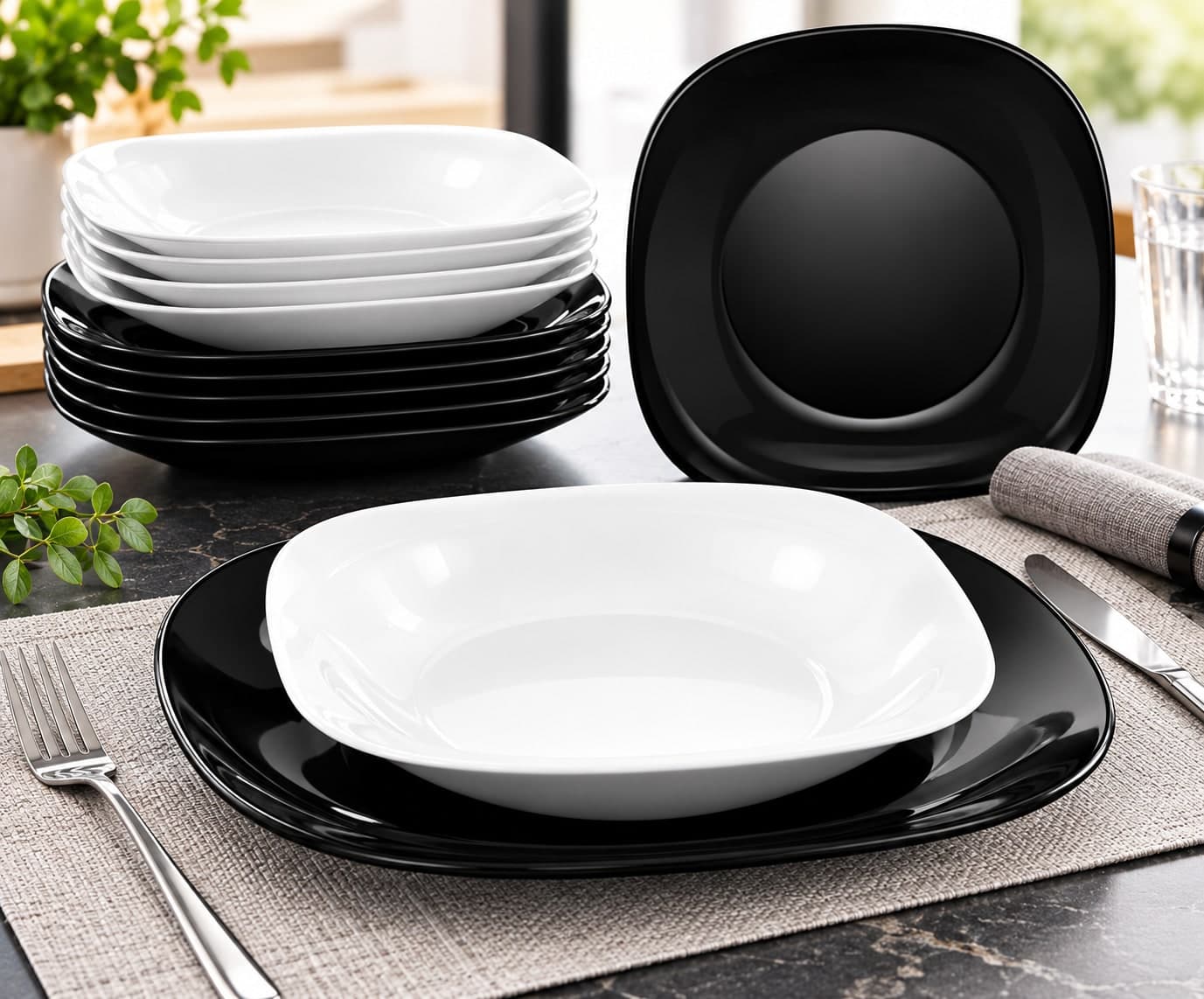 Servizio Tavola 18 Pezzi in Opale Bianco e Nero - 2