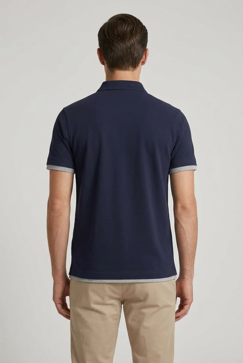 Polo uomo Brunello Cucinelli blu con dettagli a contrasto grigio - 2