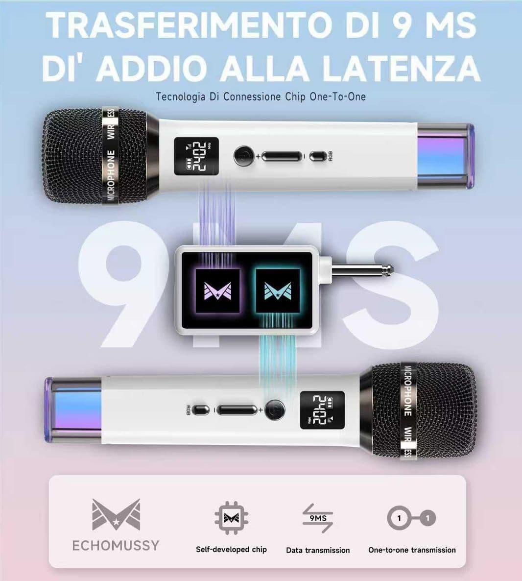 Microfoni Wireless con Connessione Chip One-to-One e Luci LED Autonomia 40 Ore Portata 60 Metri Regolazione Volume Microfono Karaoke per YouTube e TikTok - 3