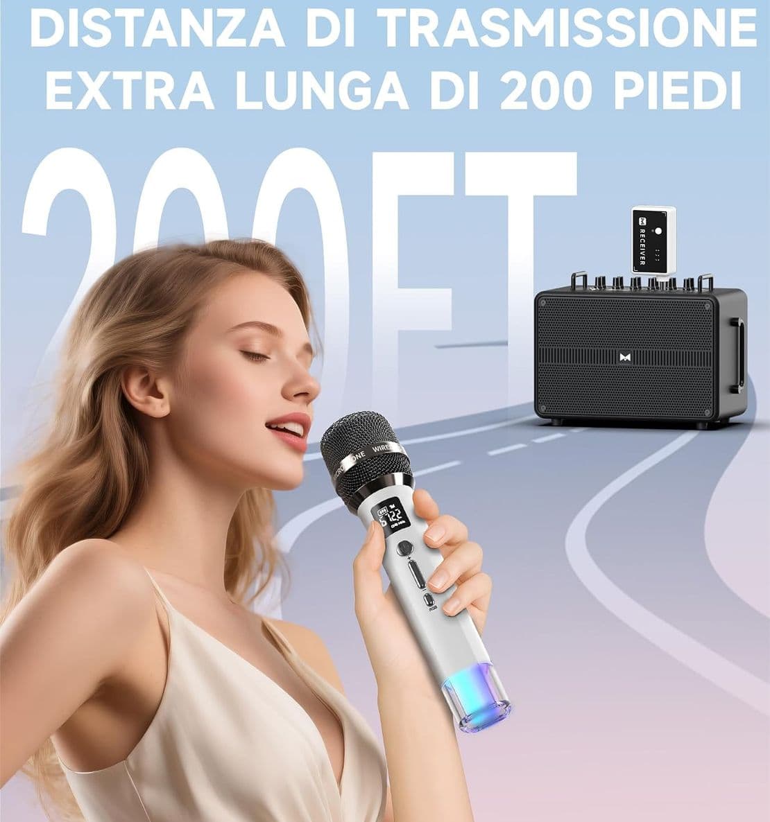 Microfoni Wireless con Connessione Chip One-to-One e Luci LED Autonomia 40 Ore Portata 60 Metri Regolazione Volume Microfono Karaoke per YouTube e TikTok - 4