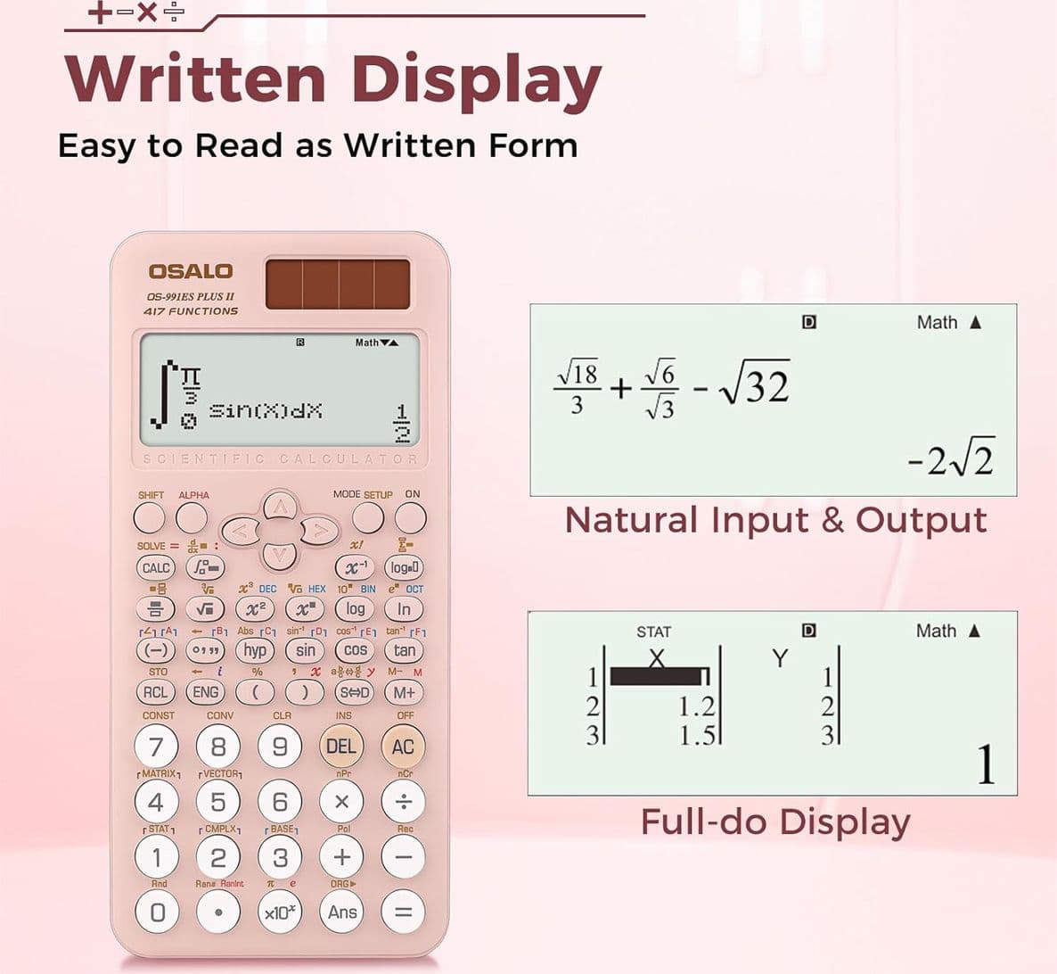 OSALO OS-991ES Plus II Calcolatrice Scientifica Rosa con 417 Funzioni Calcolatore per Frazioni Display 2 Righe 10+2 Cifre Alimentazione Solare e Batteria - 2