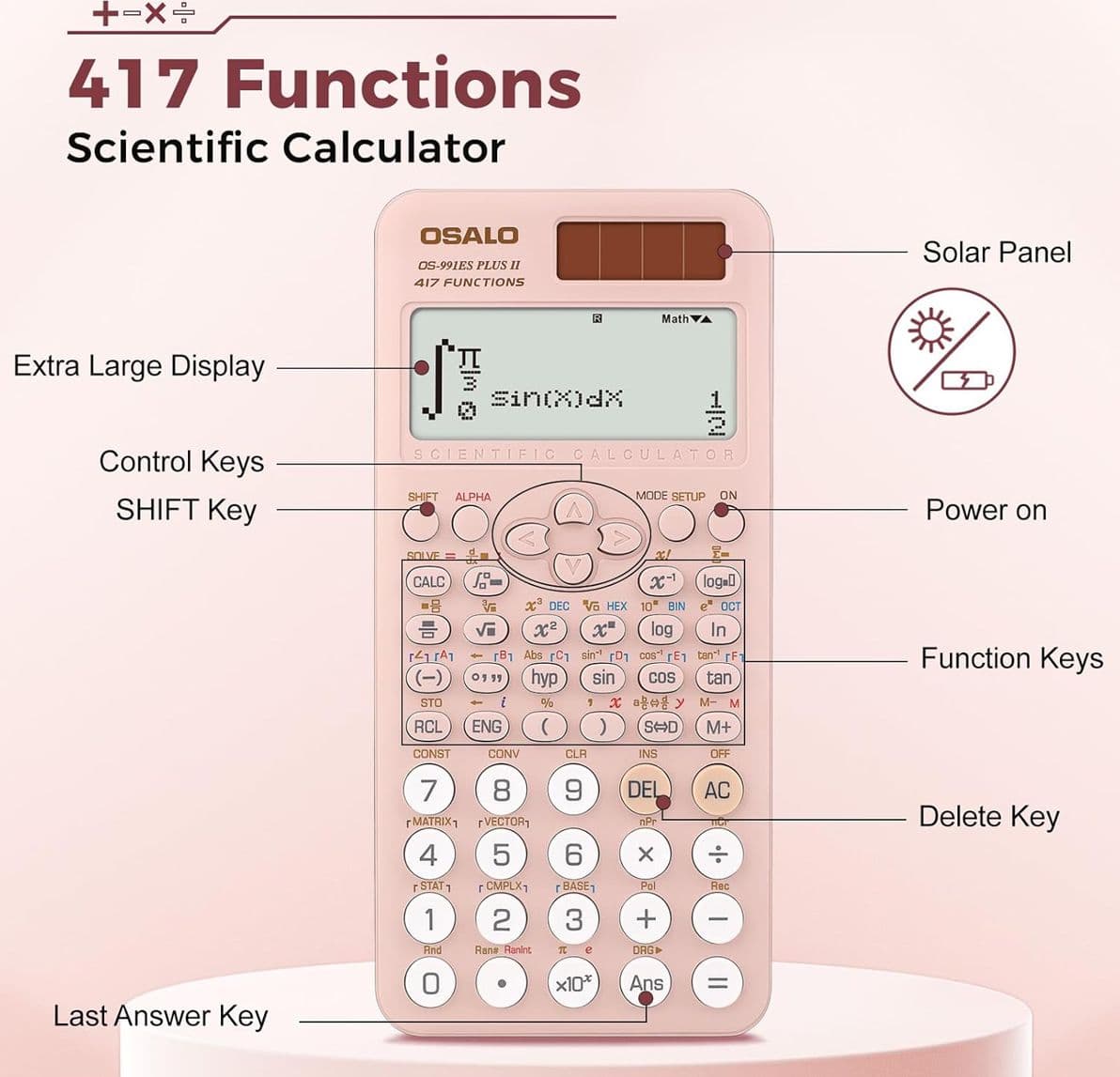 OSALO OS-991ES Plus II Calcolatrice Scientifica Rosa con 417 Funzioni Calcolatore per Frazioni Display 2 Righe 10+2 Cifre Alimentazione Solare e Batteria - 3