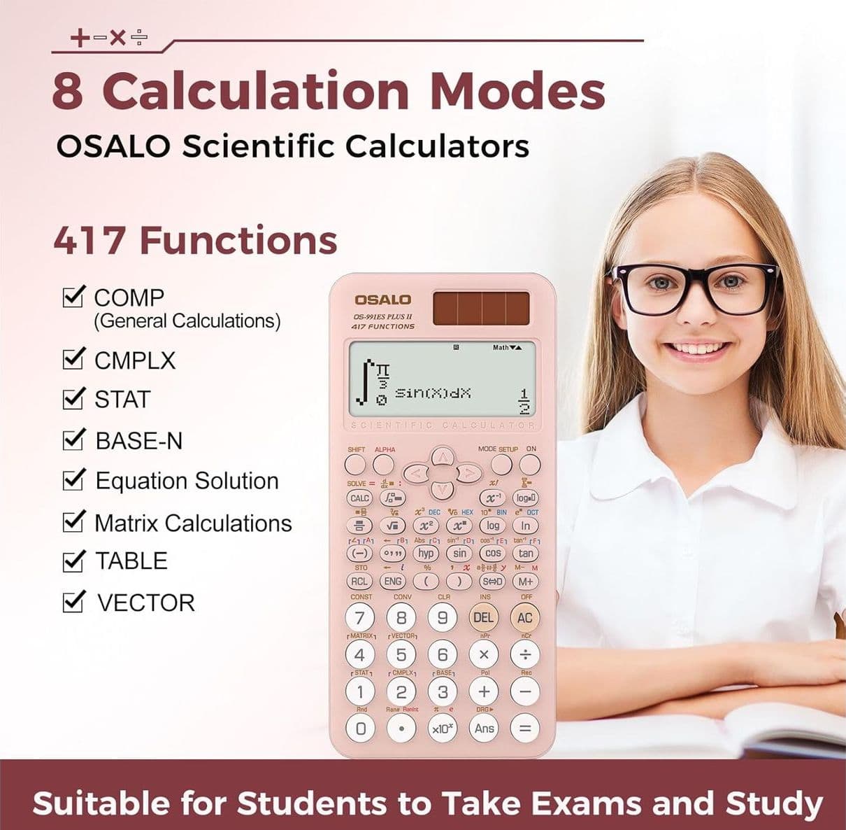 OSALO OS-991ES Plus II Calcolatrice Scientifica Rosa con 417 Funzioni Calcolatore per Frazioni Display 2 Righe 10+2 Cifre Alimentazione Solare e Batteria - 4