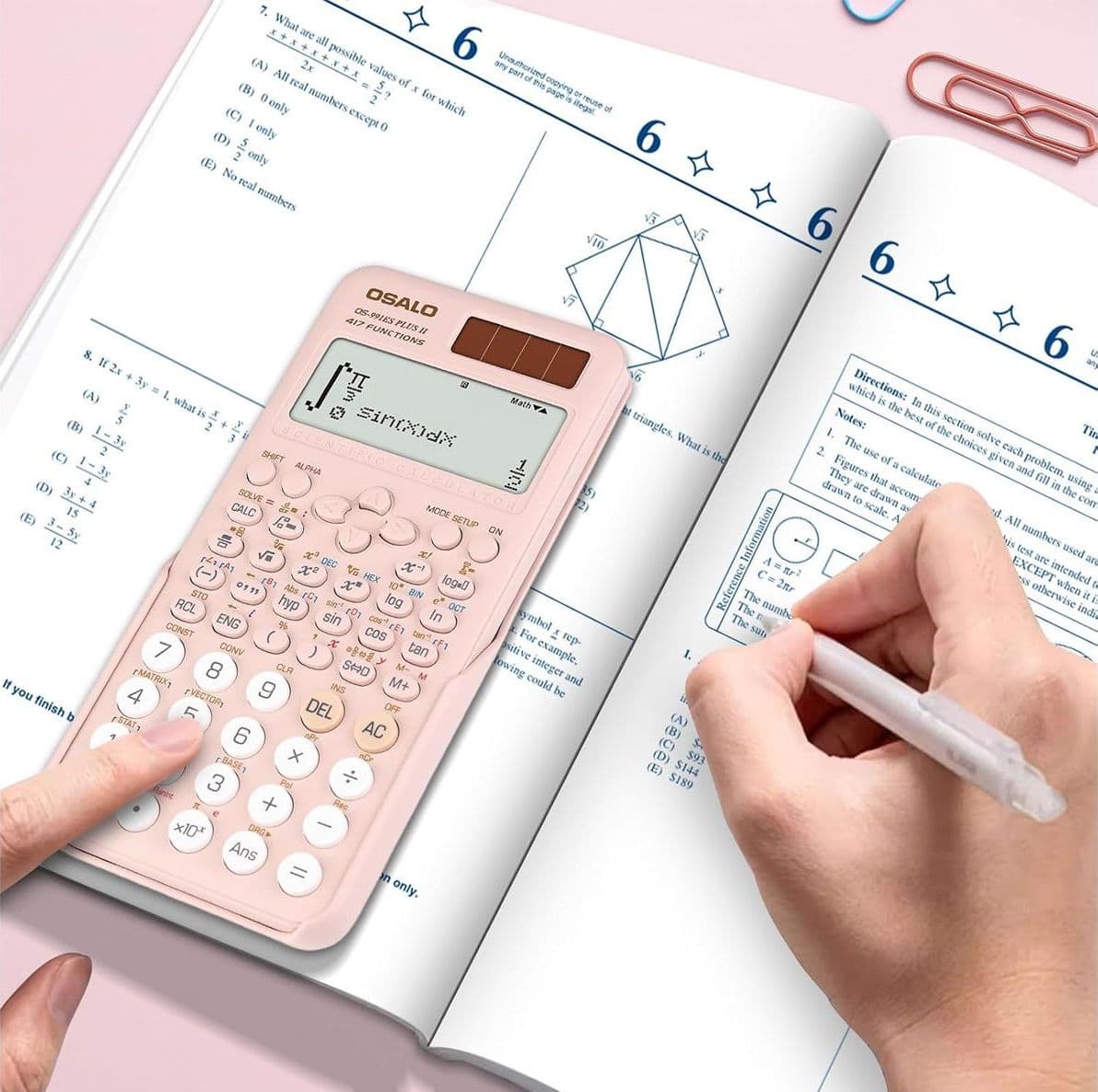 OSALO OS-991ES Plus II Calcolatrice Scientifica Rosa con 417 Funzioni Calcolatore per Frazioni Display 2 Righe 10+2 Cifre Alimentazione Solare e Batteria - 5