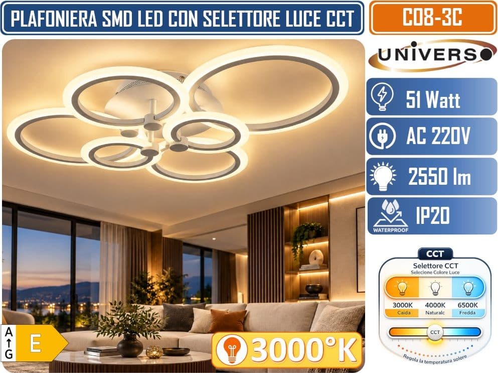UNIVERSO C08-3C PLAFONIERA LED 6 ANELLI 51W CON SELETTORE COLORE LUCE CCT 3000K 4000K 6500K 2550LM BIANCA DESIGN MODERNO - 2