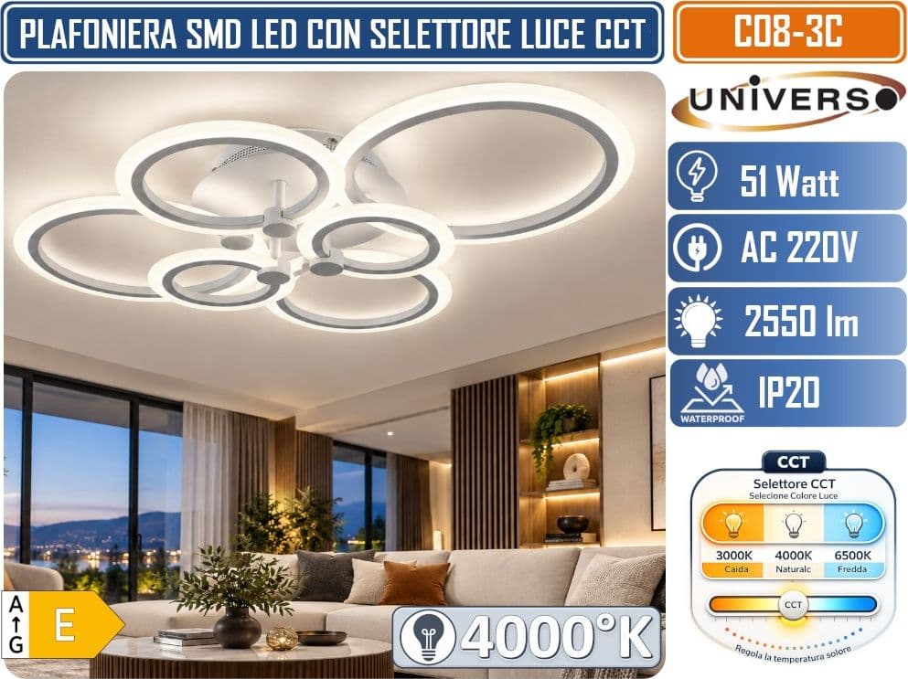 UNIVERSO C08-3C PLAFONIERA LED 6 ANELLI 51W CON SELETTORE COLORE LUCE CCT 3000K 4000K 6500K 2550LM BIANCA DESIGN MODERNO - 3