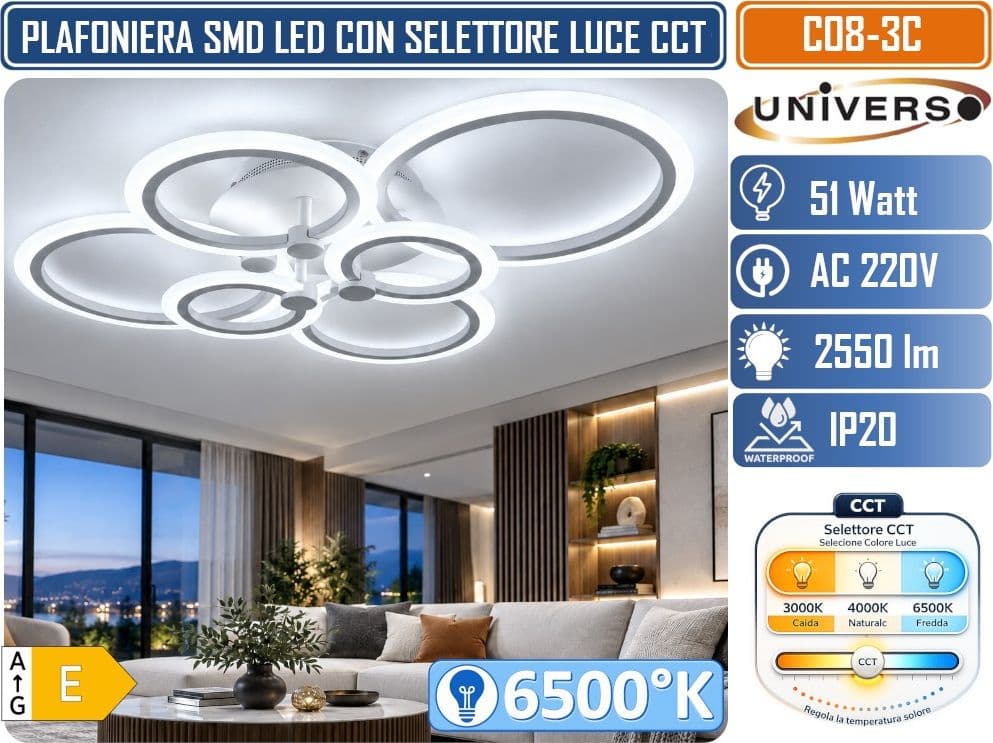 UNIVERSO C08-3C PLAFONIERA LED 6 ANELLI 51W CON SELETTORE COLORE LUCE CCT 3000K 4000K 6500K 2550LM BIANCA DESIGN MODERNO - 4
