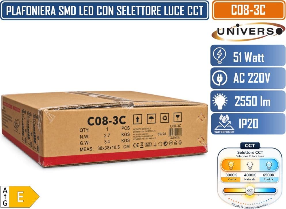 UNIVERSO C08-3C PLAFONIERA LED 6 ANELLI 51W CON SELETTORE COLORE LUCE CCT 3000K 4000K 6500K 2550LM BIANCA DESIGN MODERNO - 5