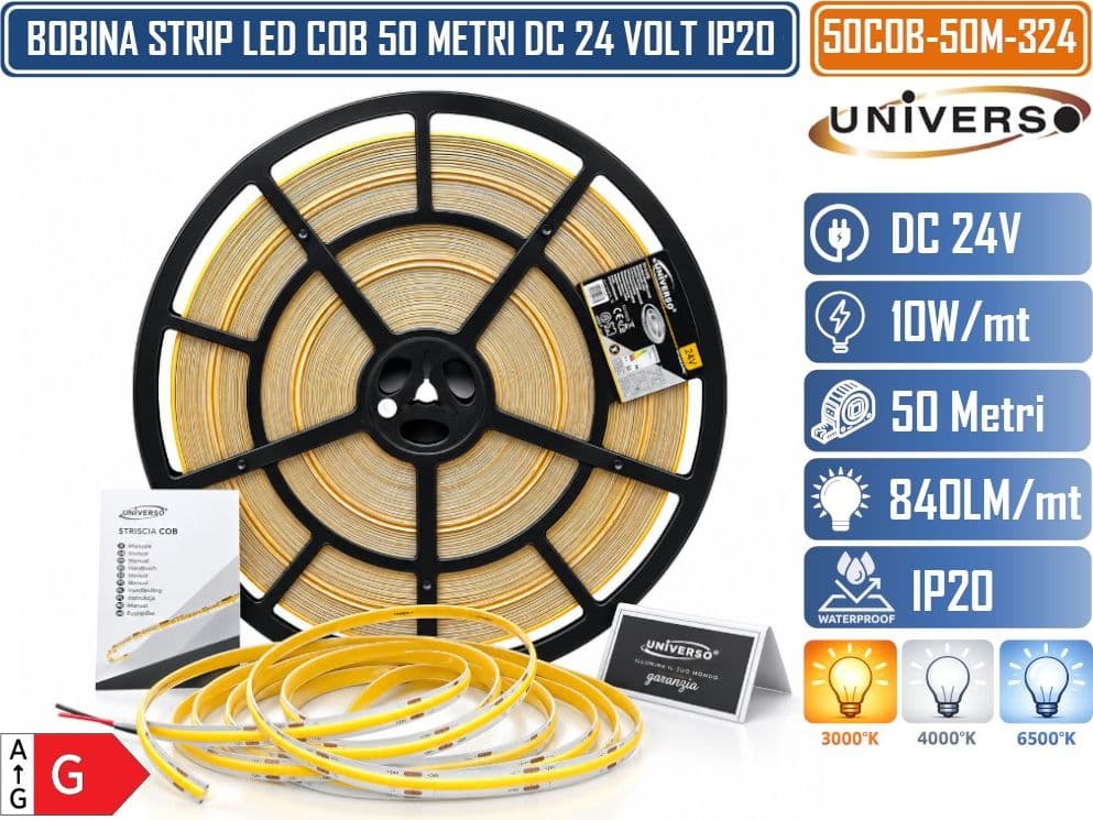 UNIVERSO COB-50M-324N STRISCIA LED COB 50 METRI 24V DC 10W/M 324 LED/M 840 LM/M 8MM IP20 – 2700K / 4000K / 6500K - 2