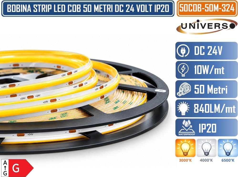 UNIVERSO COB-50M-324N STRISCIA LED COB 50 METRI 24V DC 10W/M 324 LED/M 840 LM/M 8MM IP20 – 2700K / 4000K / 6500K - 3