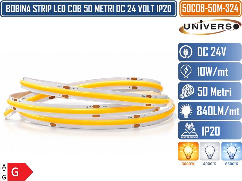 UNIVERSO COB-50M-324N STRISCIA LED COB 50 METRI 24V DC 10W/M 324 LED/M 840 LM/M 8MM IP20 – 2700K / 4000K / 6500K - 4