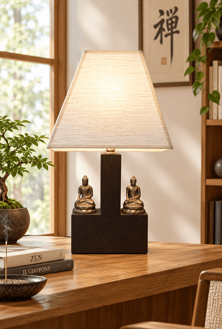Lampada da tavolo etnica in legno con doppio Buddha in metallo – Indonesia