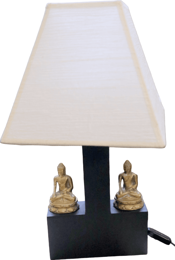 Lampada da tavolo etnica in legno con doppio Buddha in metallo – Indonesia - 4