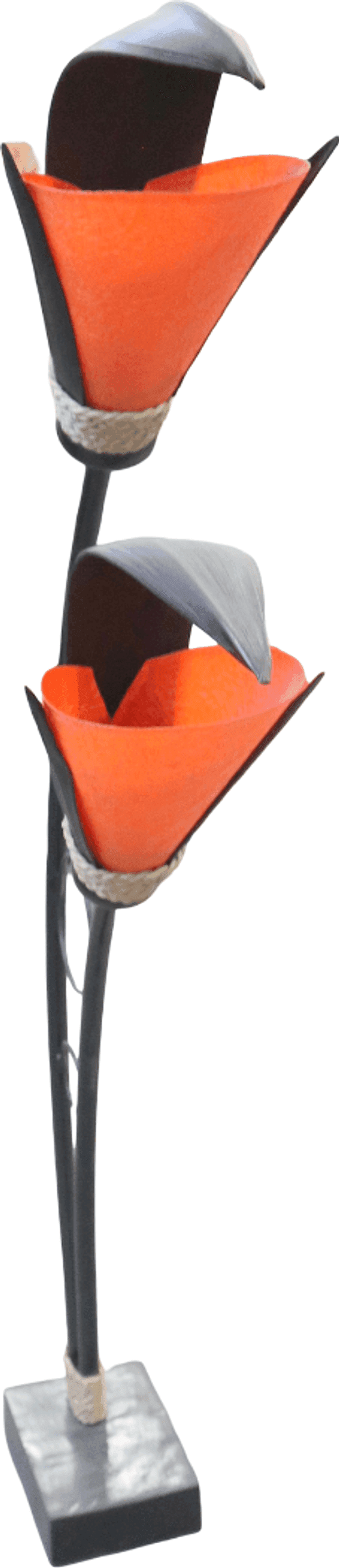 Piantana scultorea artigianale di Bali – Metallo nero, legno e coni arancioni - 5
