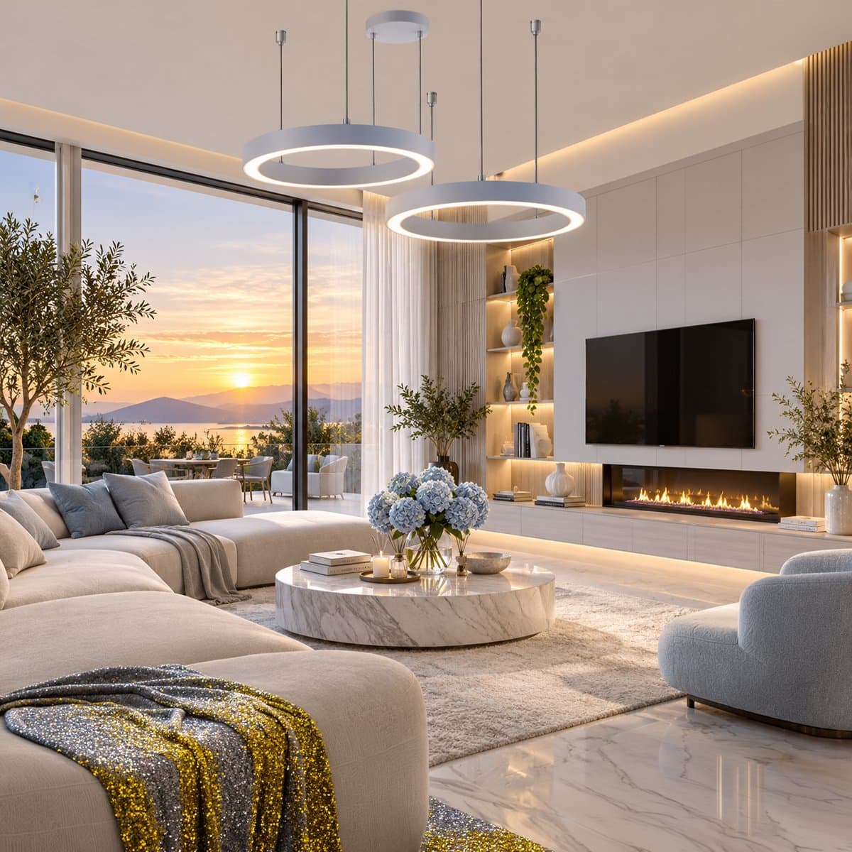 Lampadario moderno Promoluce GAME BIS S60+S80 SG IN&OUT LED CCT 6500LM biemissione alluminio grigio perla silicone - 2