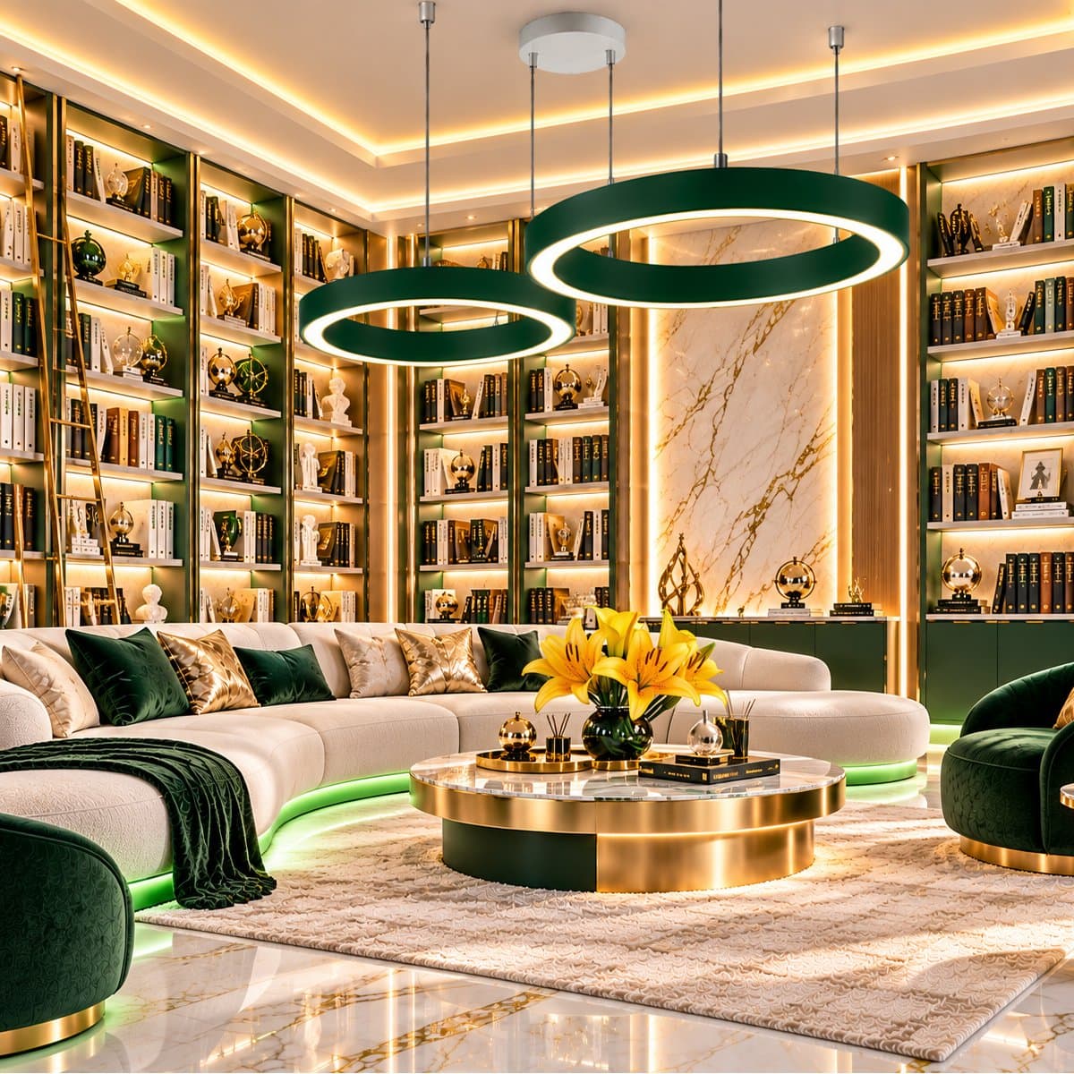 Lampadario moderno Promoluce GAME BIS S60+S80 VB IN&OUT LED CCT 6500LM biemissione alluminio verde bosco silicone - 2